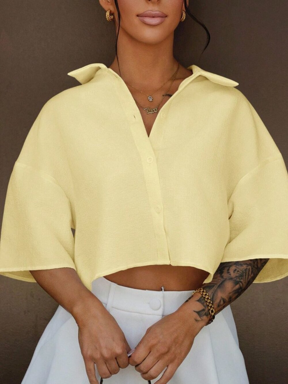 Yellow Casual Women's Woven Cropped Blouse